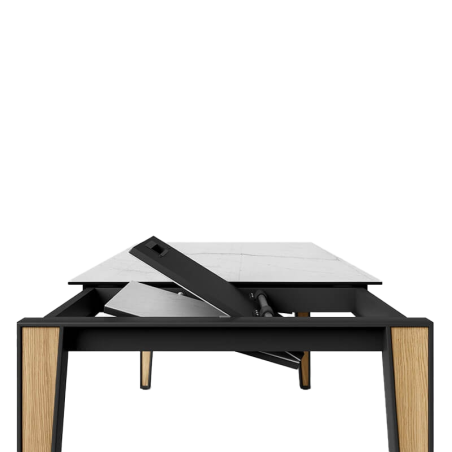Table design extensible en céramique calacatta avec pieds bois et métal - Okaso)