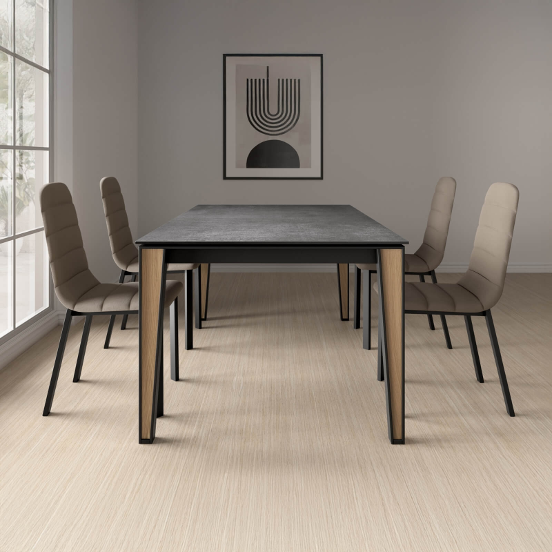 Table design extensible en céramique avec pieds bois et métal - Okaso)