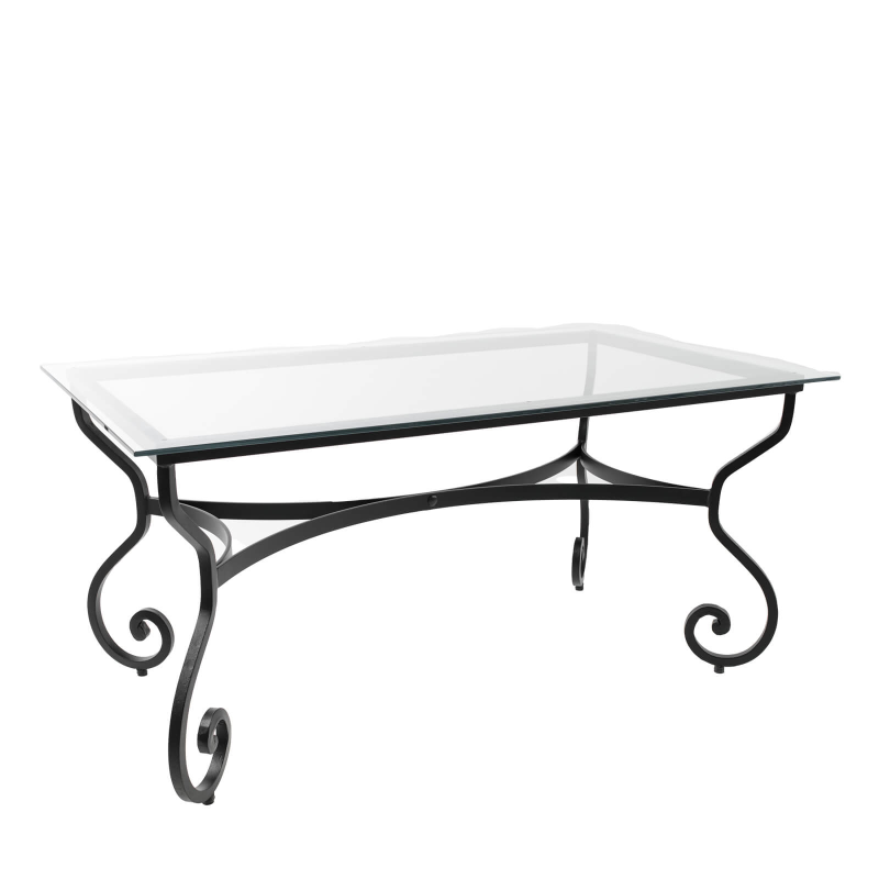Damasco - Table style provençal plateau verre avec pieds en acier