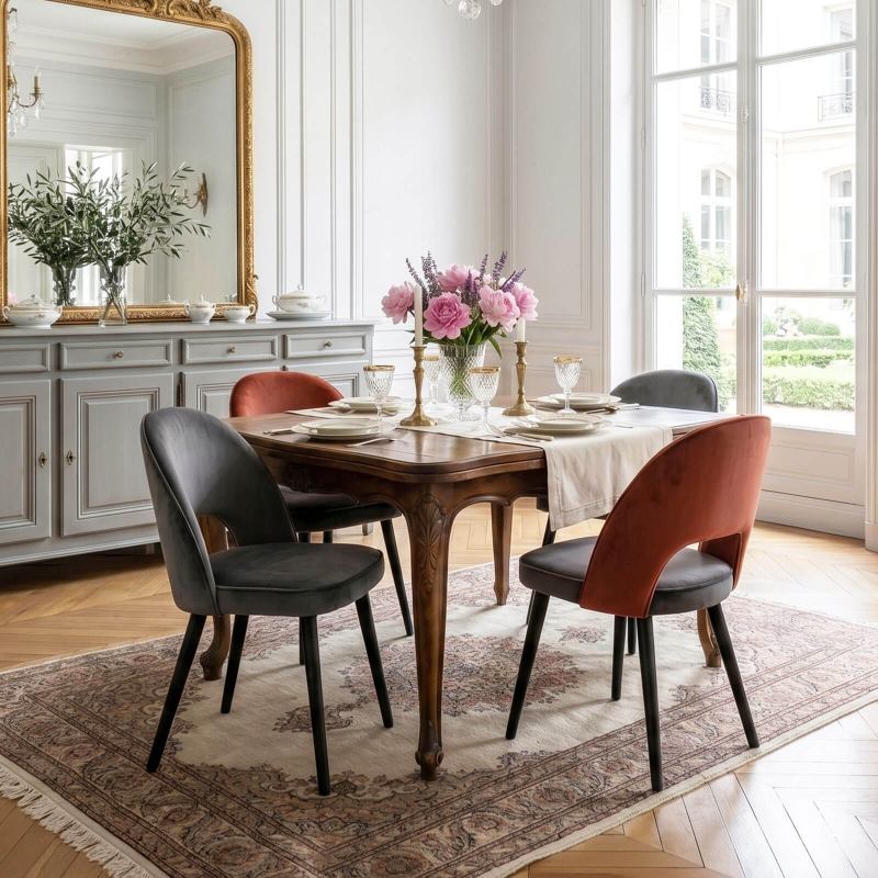 Bistrot - Chaise cosy avec dossier ajouré en tissu et pieds bois