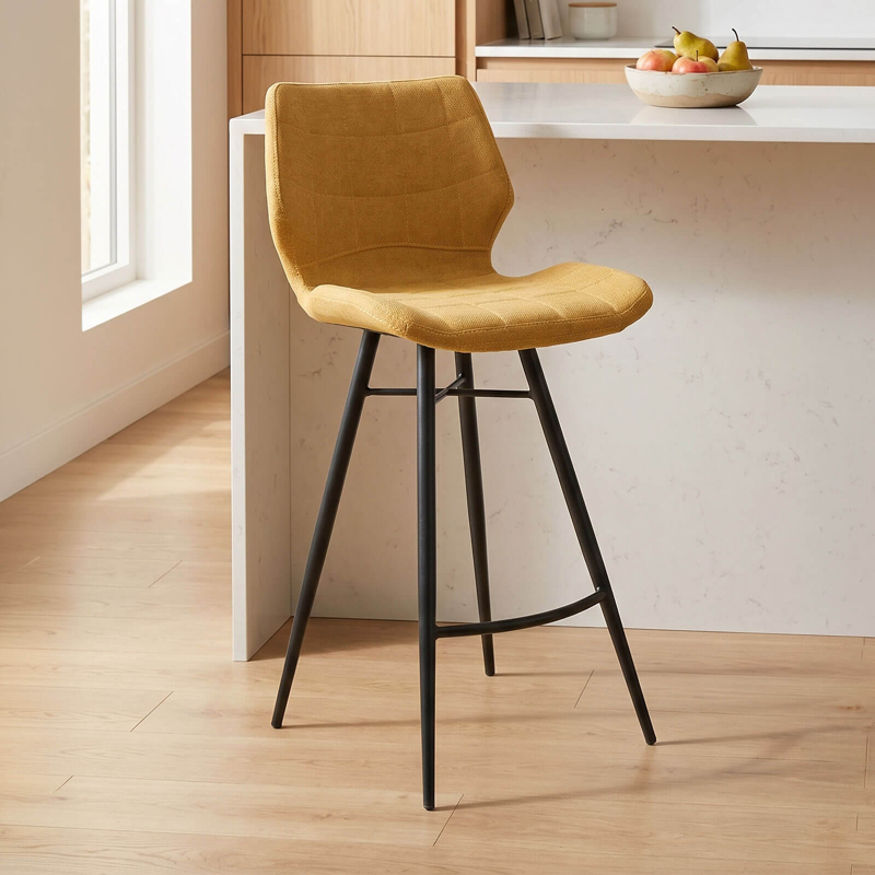 Impia - Tabouret design coque matelassée en tissu et pieds en métal noir