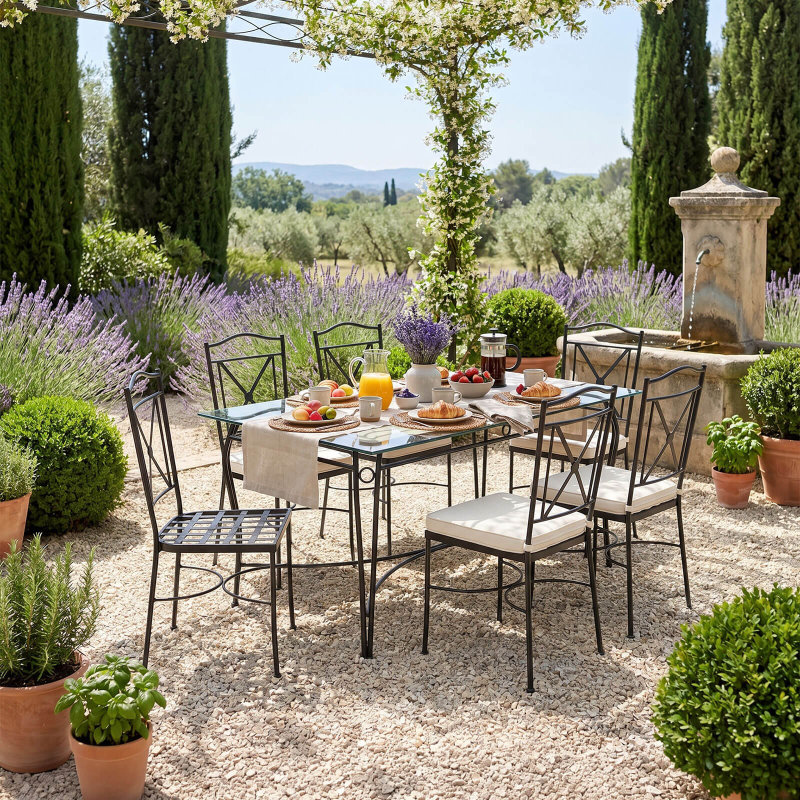 Pisa - Table d'extérieur provençale en verre trempé et acier