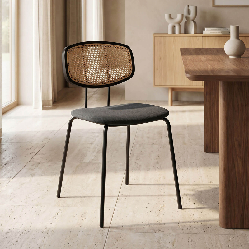 Ritmo - Chaise rétro avec dossier en cannage rotin et assise en simili