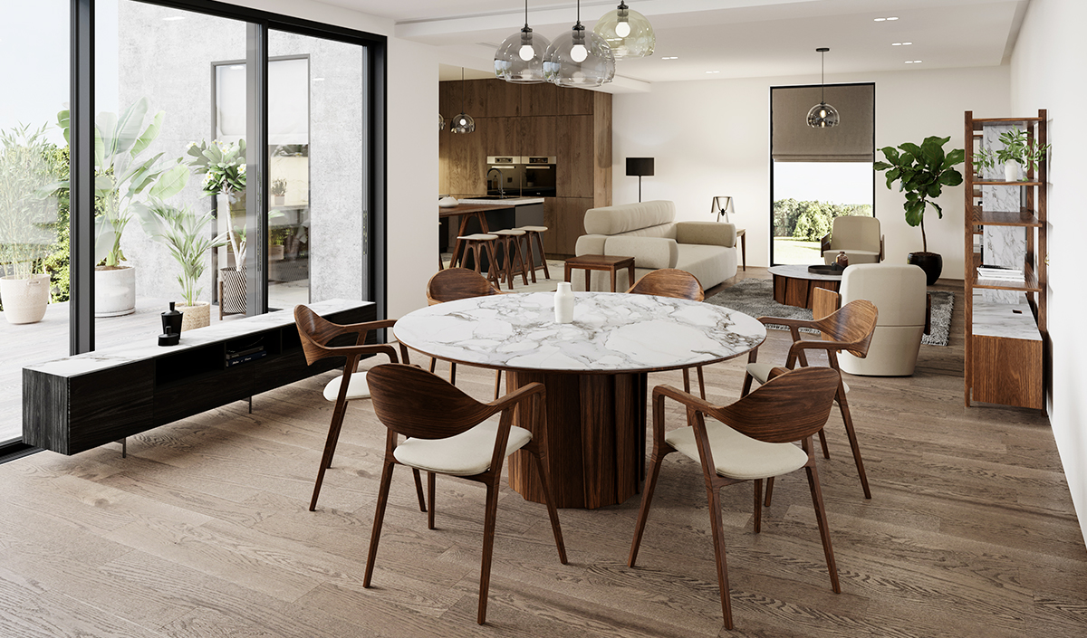 Table de salle à manger moderne ronde décor effet marbre gris