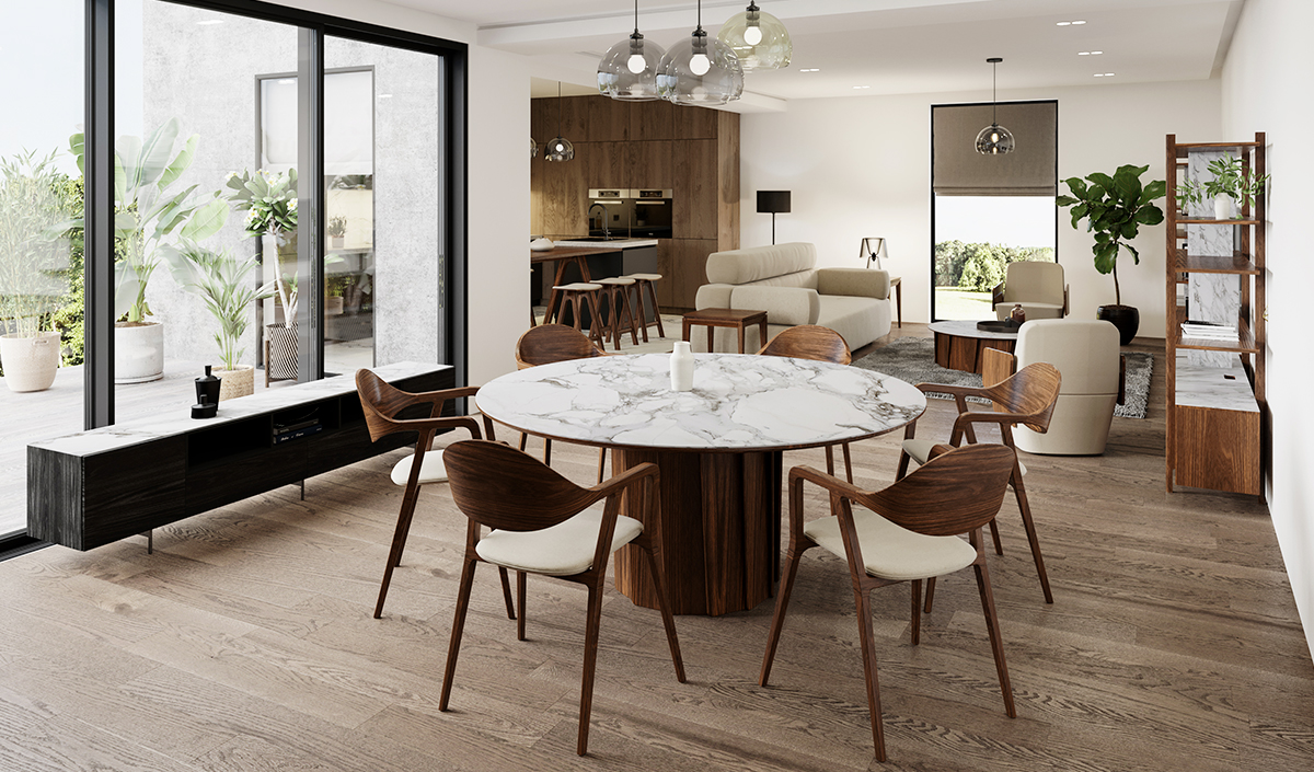 Table ronde en verre pied design en bois pour salle à manger