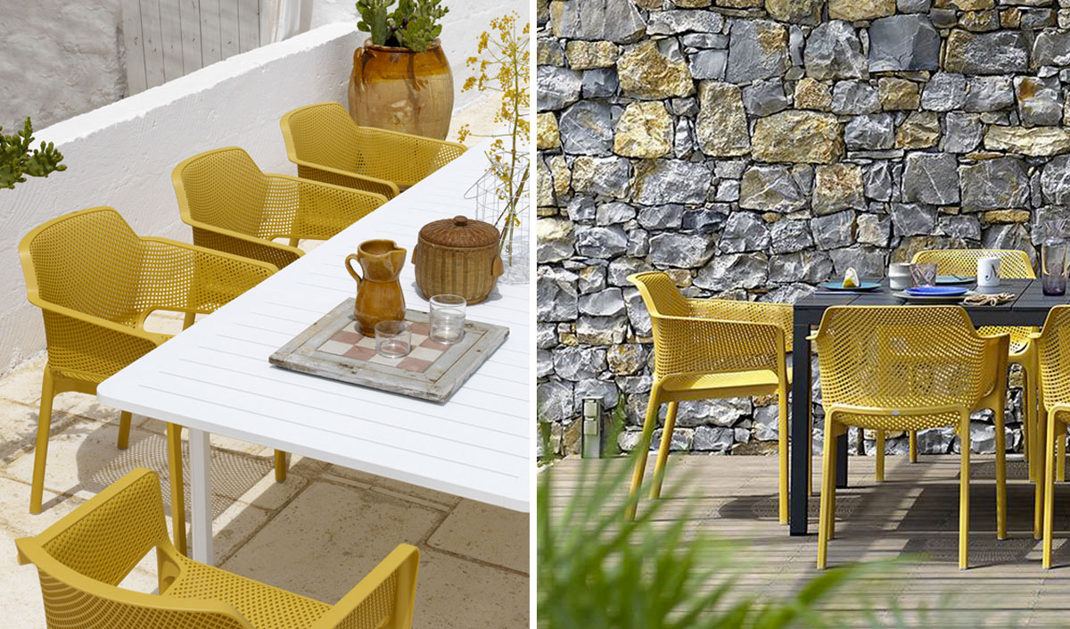 salon de jardin avec chaises jaunes