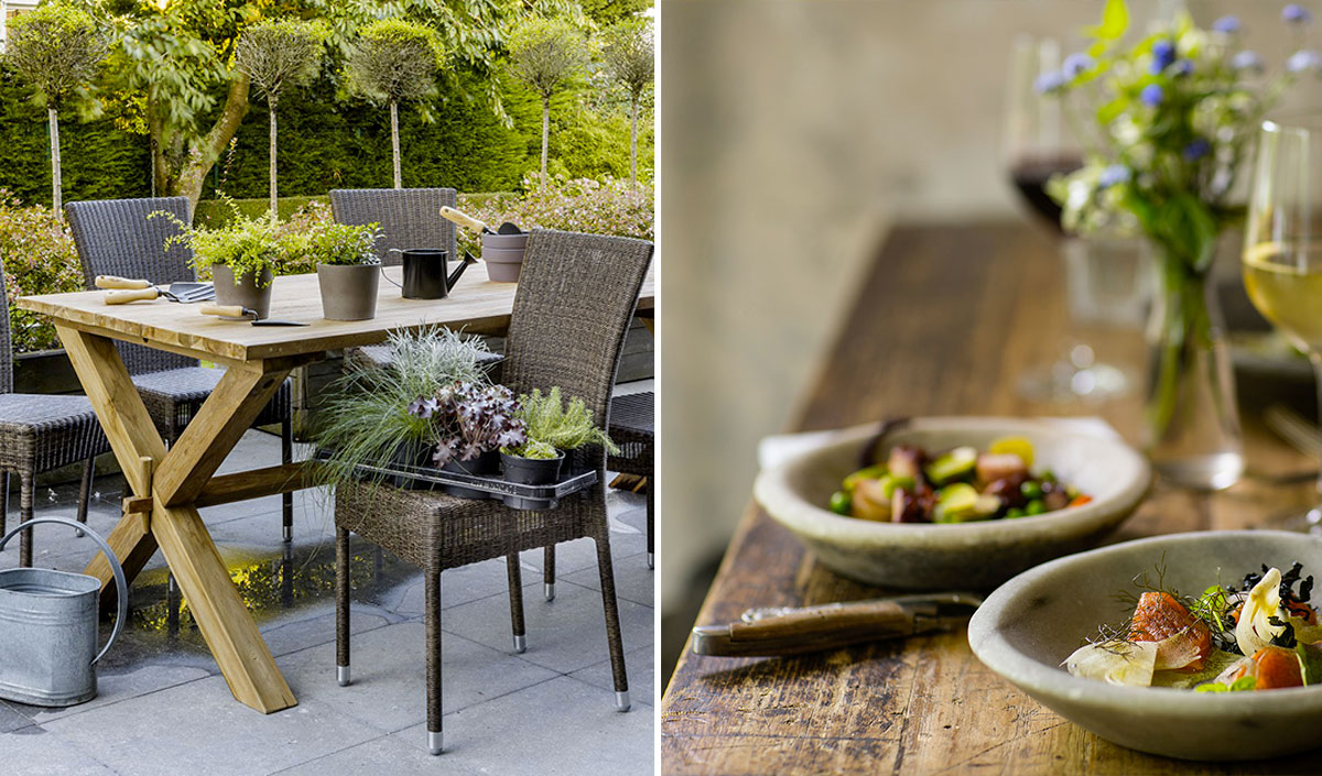 table extérieure en bois avec chaises en rotin