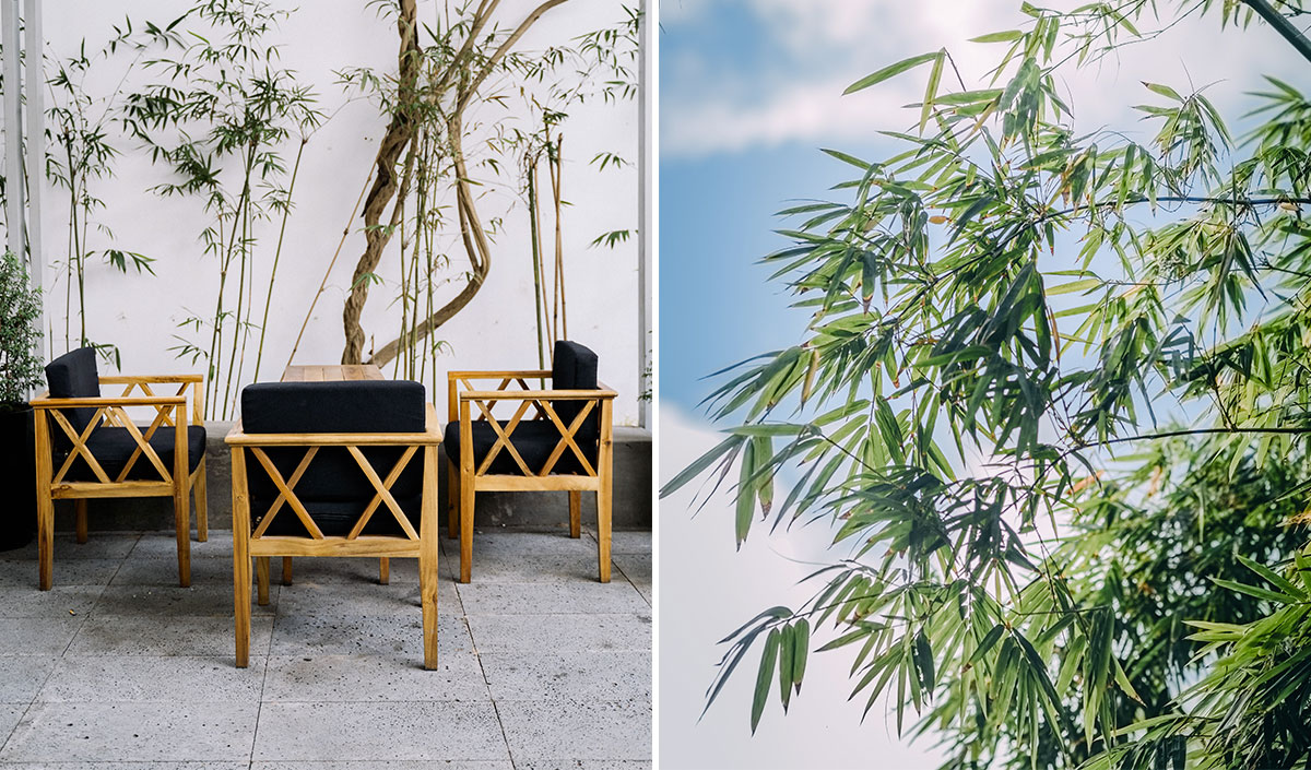 jardin avec mobilier design en bois et bambous