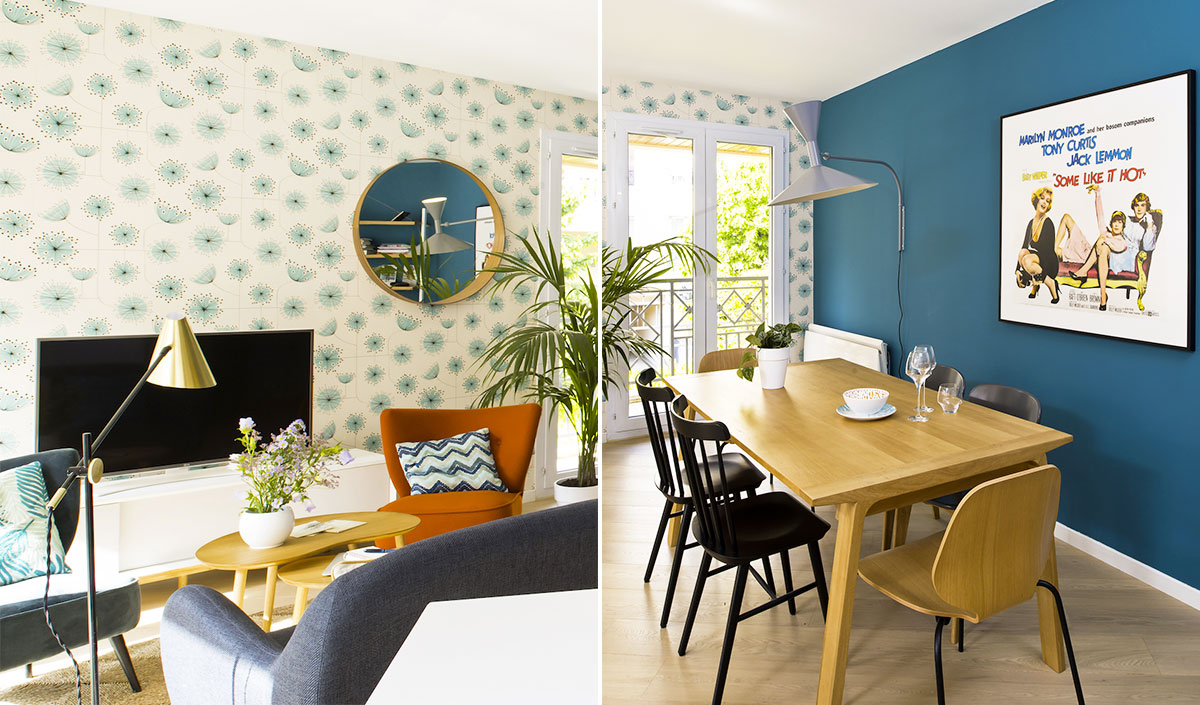 déco séjour moderne avec mur bleu