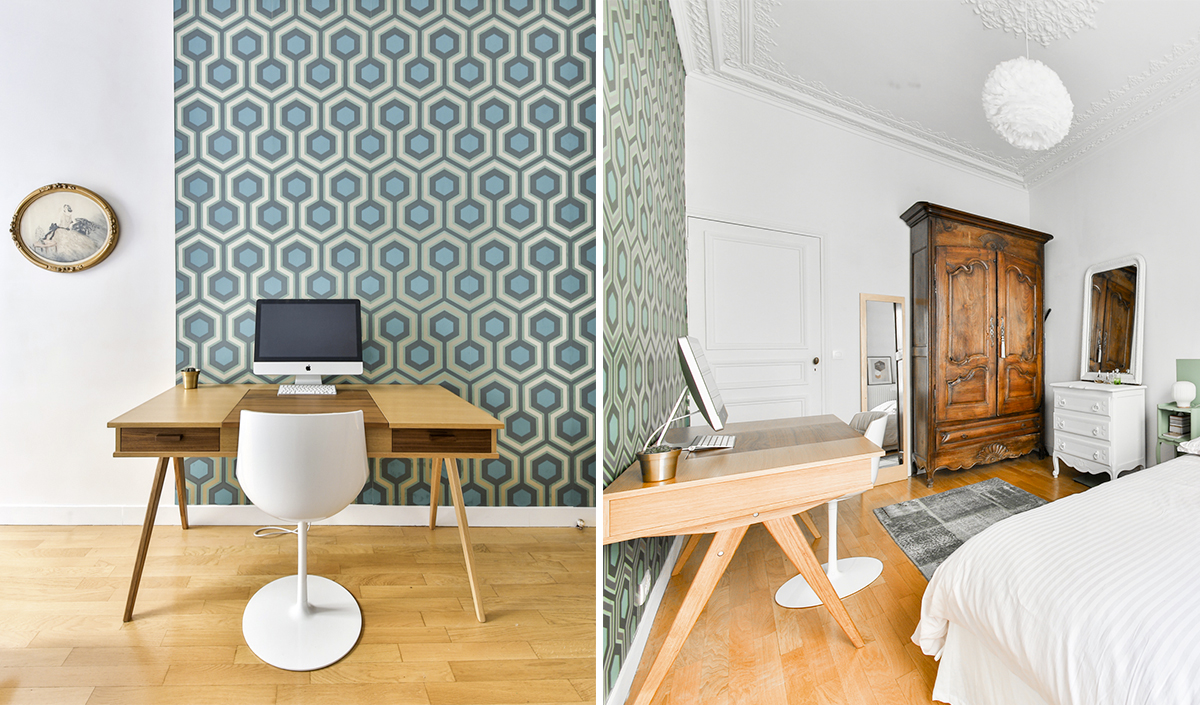 Bureau moderne en bois papier peint à motifs par la décoratrice d'intérieur Claire Clerc