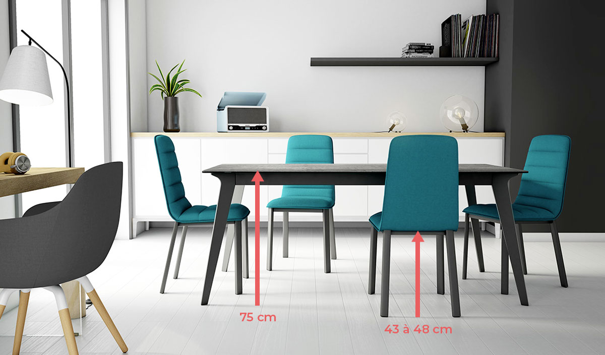 Hauteur table standard 75 cm chaise 43 à 48 cm