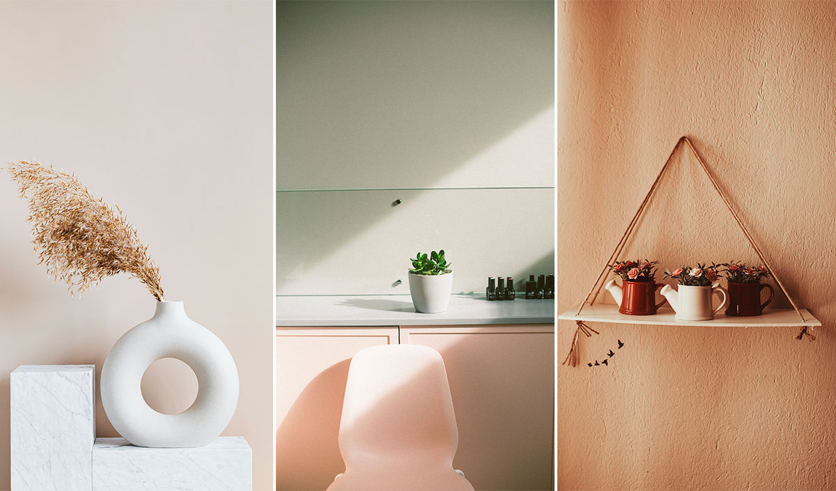 Les couleurs de la déco cocooning : mur crème, chaise rose poudrée et mur terracotta