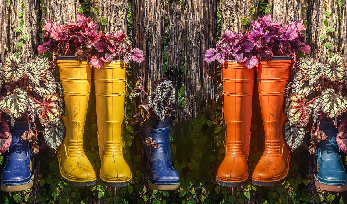 Déco upcycling : vieilles bottes transformées en pots de fleurs