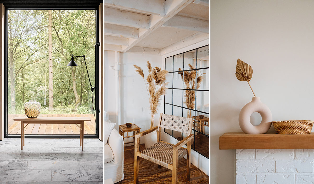 Mobilier en bois et en rotin et en pierre naturelle dans une déco de salon nature