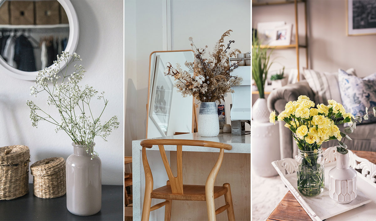 Intérieur champêtre avec des bouquets de fleurs sauvages ou séchées