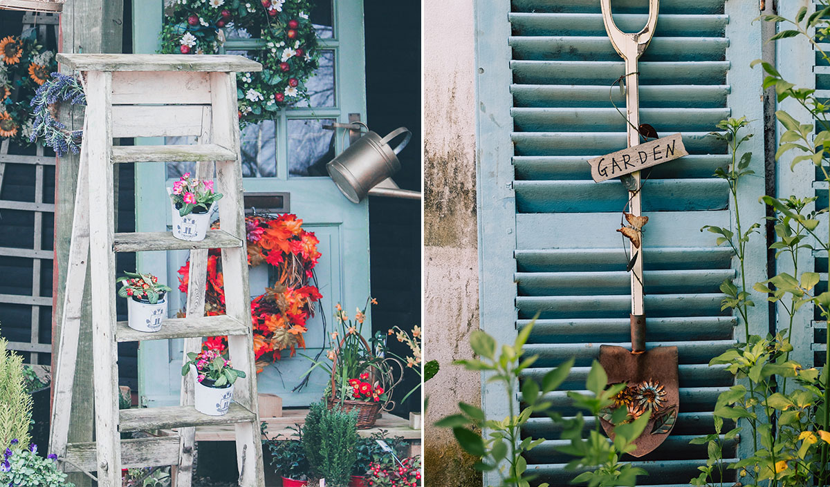 Echelle et pelle décorative pour déco de jardin originale 