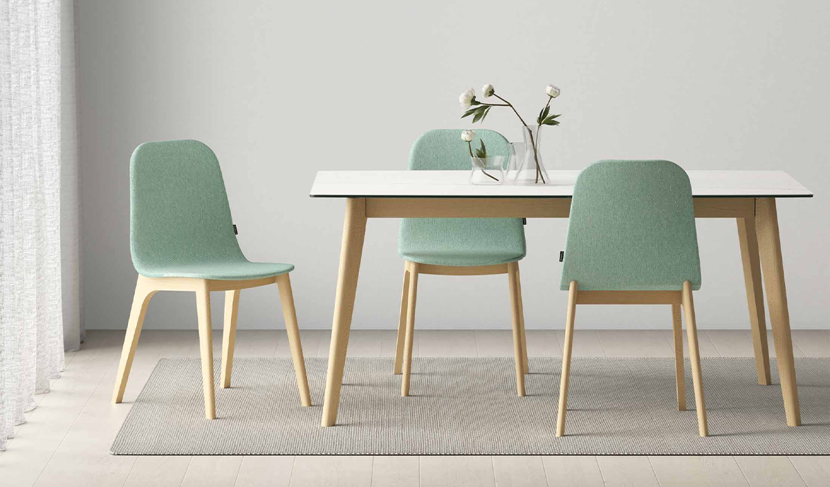 Décoration d'intérieur : table en bois clair et chaise couleur vert pastel