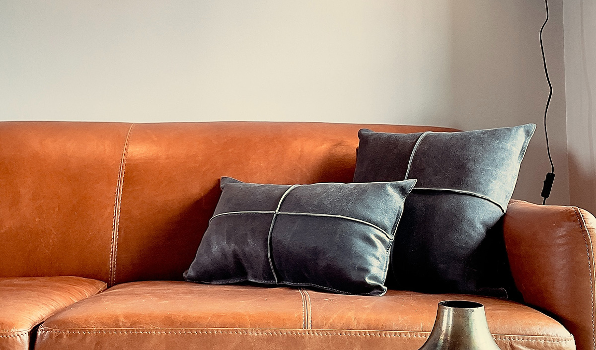 Décoration du canapé avec coussin en cuir tendance