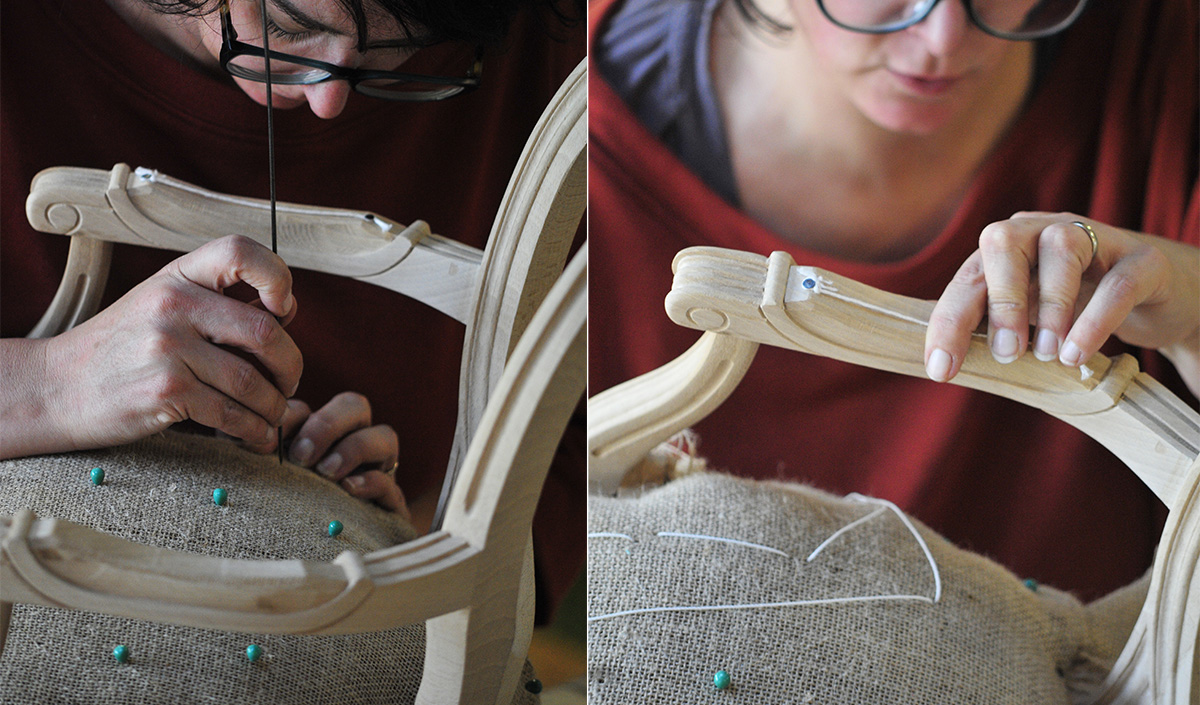 Recouvrir un fauteuil par un artisan tapissier : rabattage et piquage
