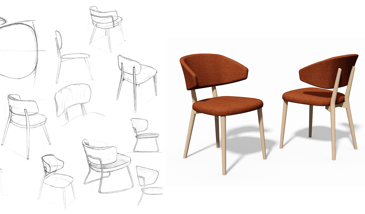 Croquis et dessin 3D d'une chaise design de créateur belge