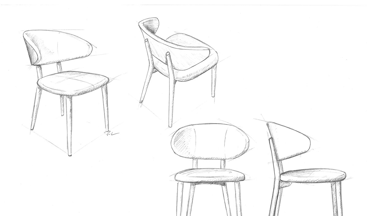Croquis de chaise de designer belge en bois et tissu