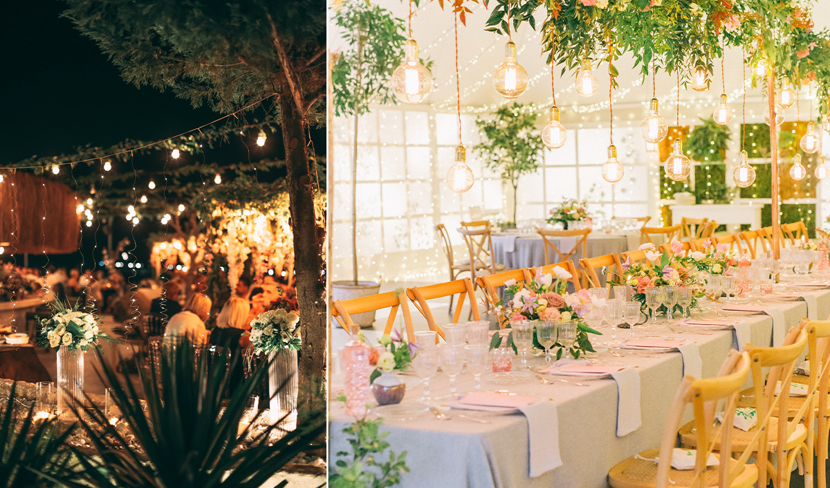 Guirlandes lumineuses et bougies pour décorer la table de mariage