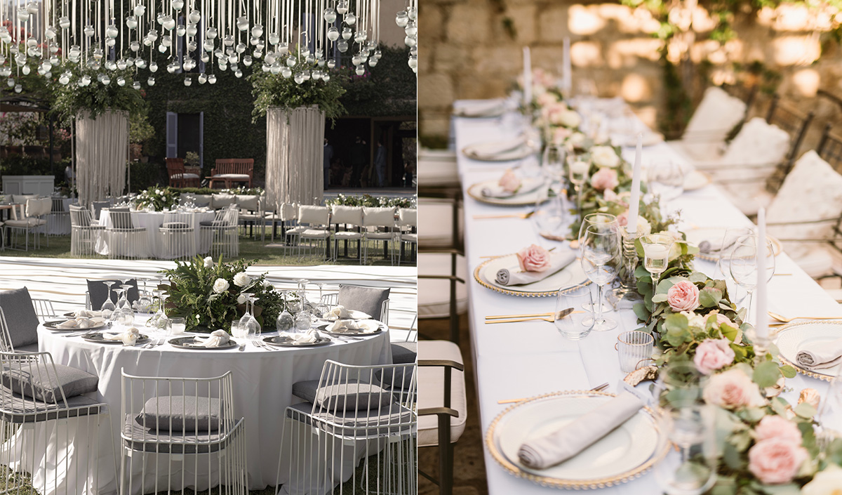 Centre de table et chemin de table avec arrangement floral pour réception de mariage