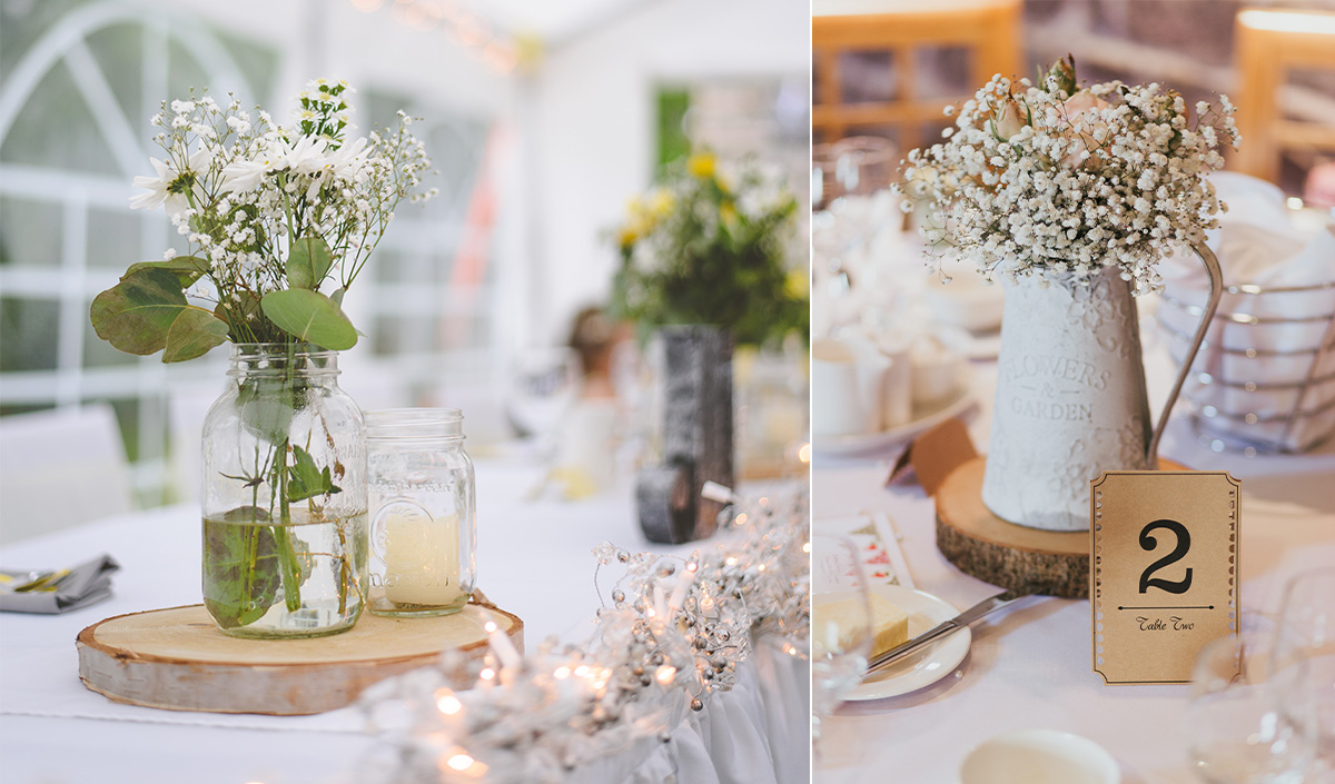 Décoration table de mariage champêtre avec rondins de bois 