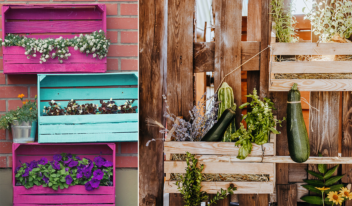 Etagères de jardin avec cagettes en bois récupérées