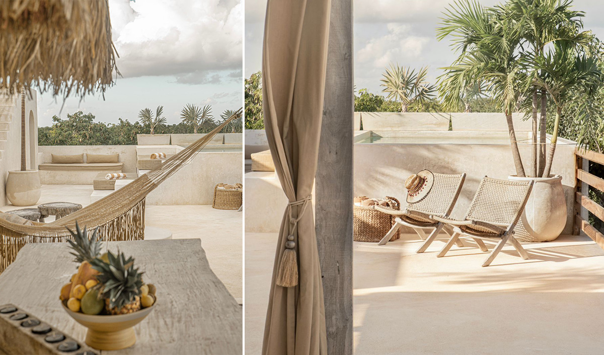 Visite déco : décoration d'une grande terrasse avec piscine et cuisine d'été au Mexique