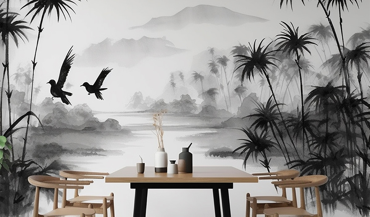 Papier peint panoramique noir et blanc jungle avec motif animalier