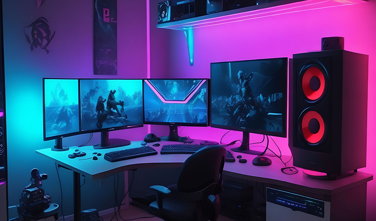 Eclairage LED bleu et violet pour coin gaming