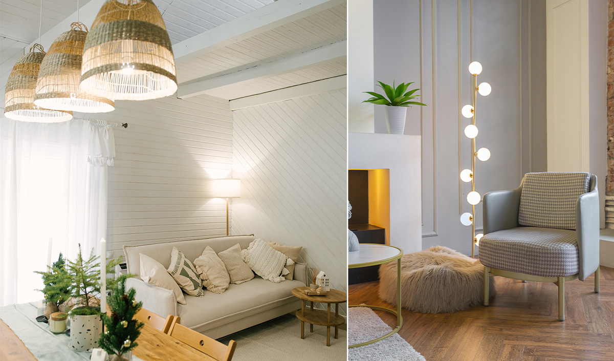 Idée de lampadaire et d'abat-jour pour une décoration cosy dans un salon cocooning 