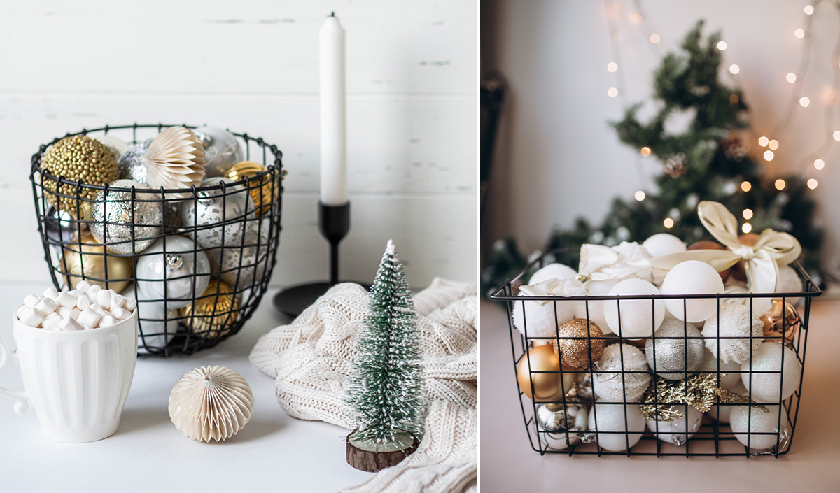 Idée déco : boules de Noël dans une corbeille 