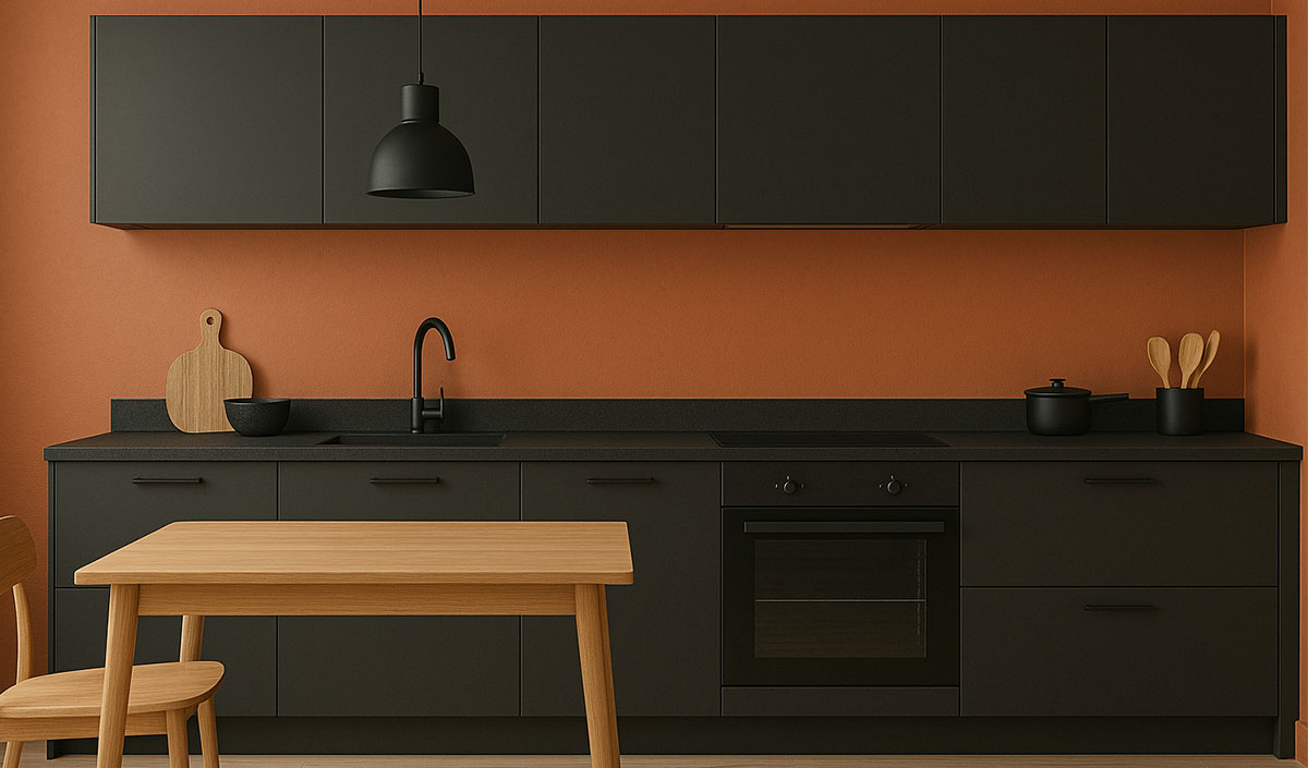 La couleur rouille pour réchauffer une cuisine gris anthracite