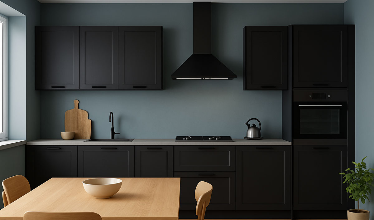 Du gris bleuté pour une cuisine gris anthracite tout en douceur