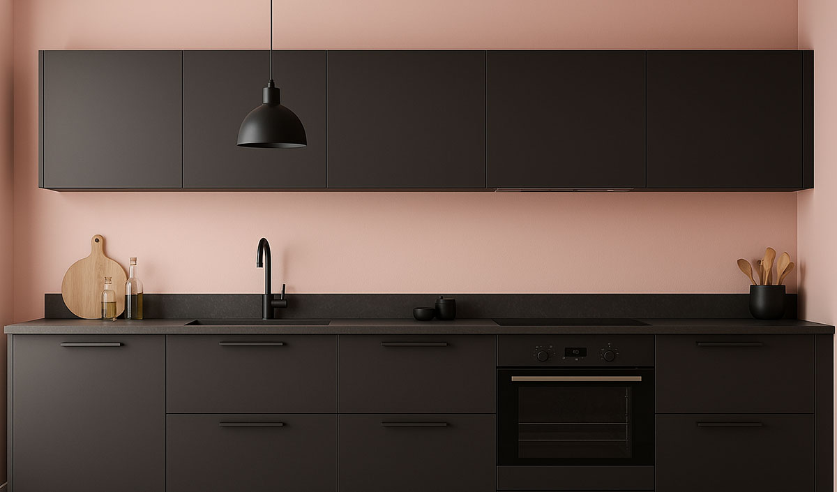 Le rose poudré pour adoucir une cuisine gris anthracite
