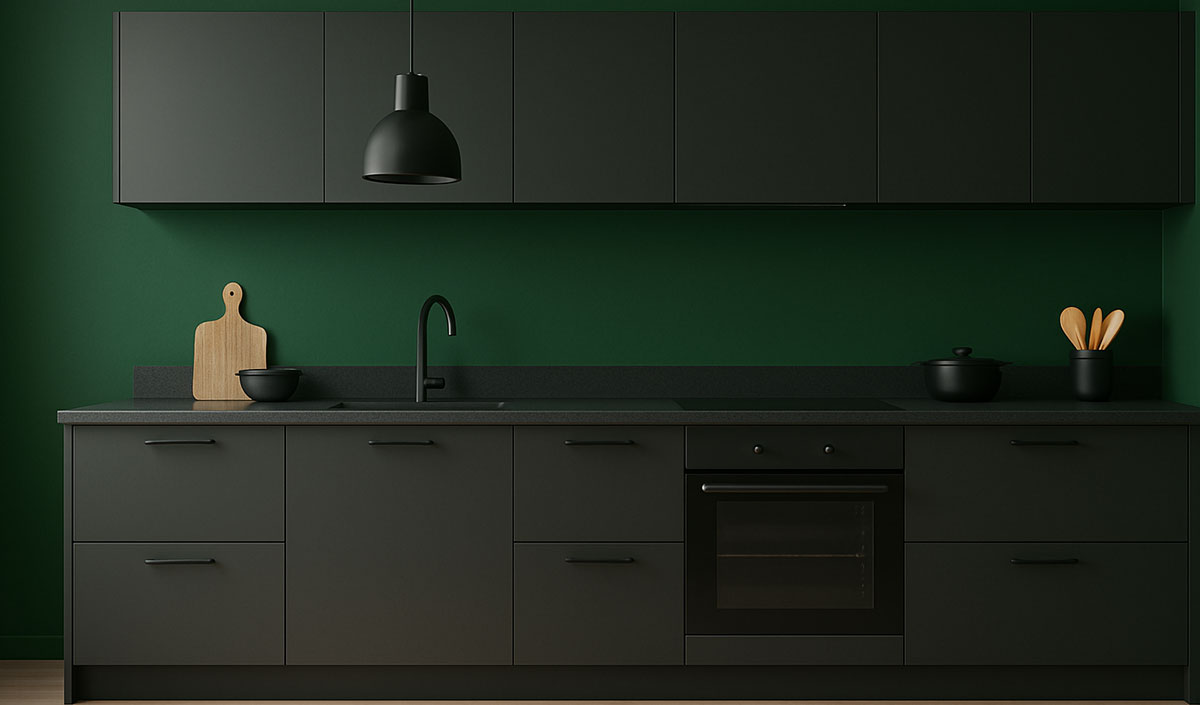 Du vert forêt pour une cuisine gris anthracite au look naturel