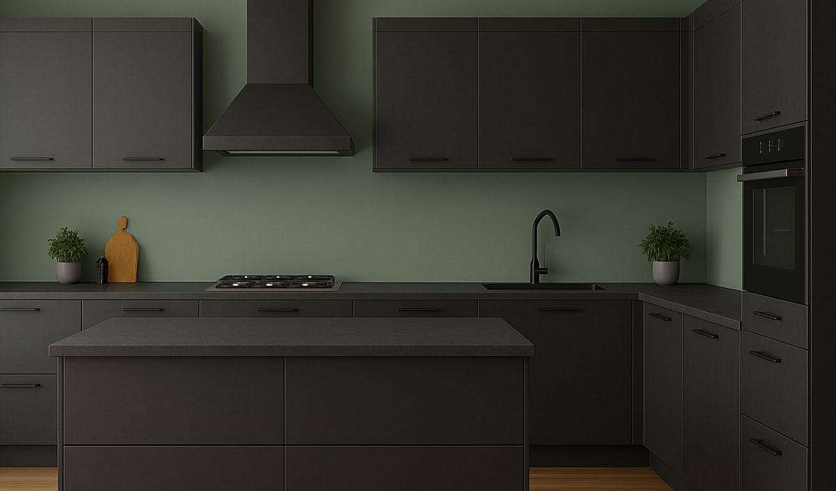 Du vert sauge pour une cuisine gris anthracite pleine de douceur