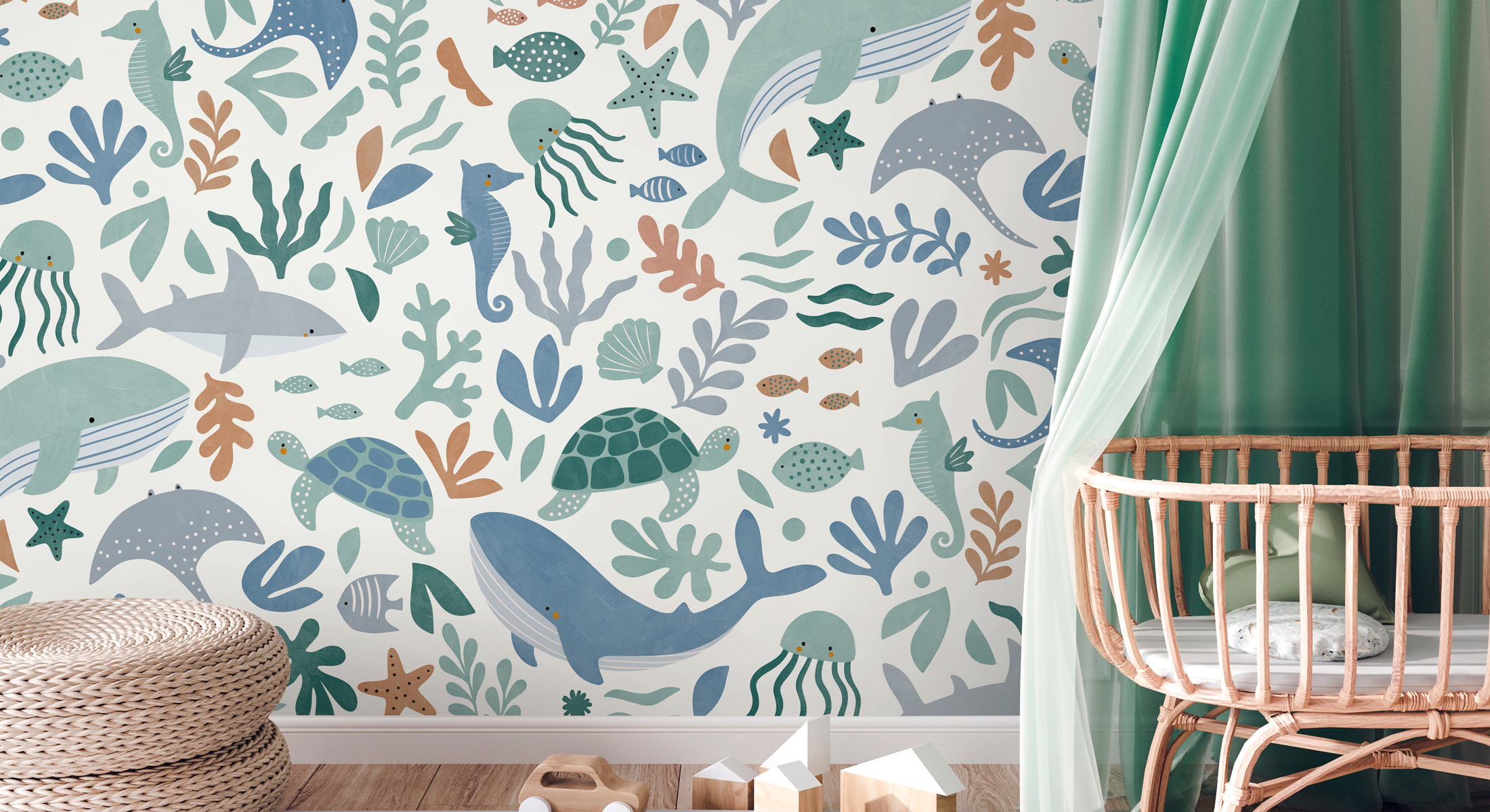Tapisserie pour chambre d'enfant avec les animaux de la mer