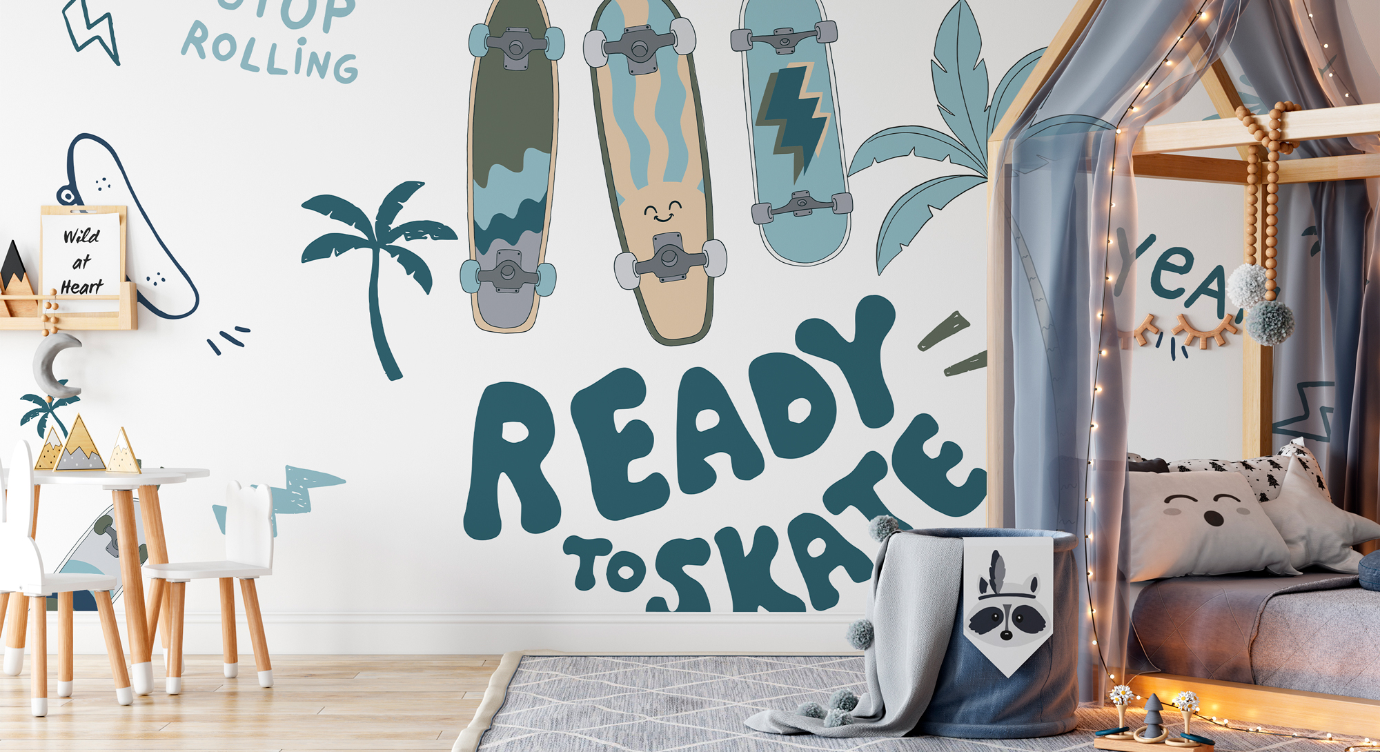 Tapisserie pour chambre d'enfant avec des skateboards